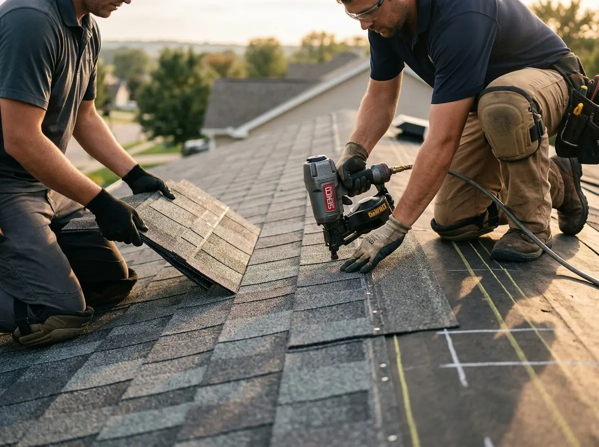 Professional roofer working on a residential roof in North Sewickley